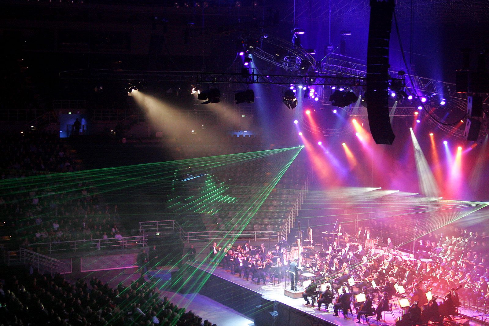 Stage light across a rehearsal floor